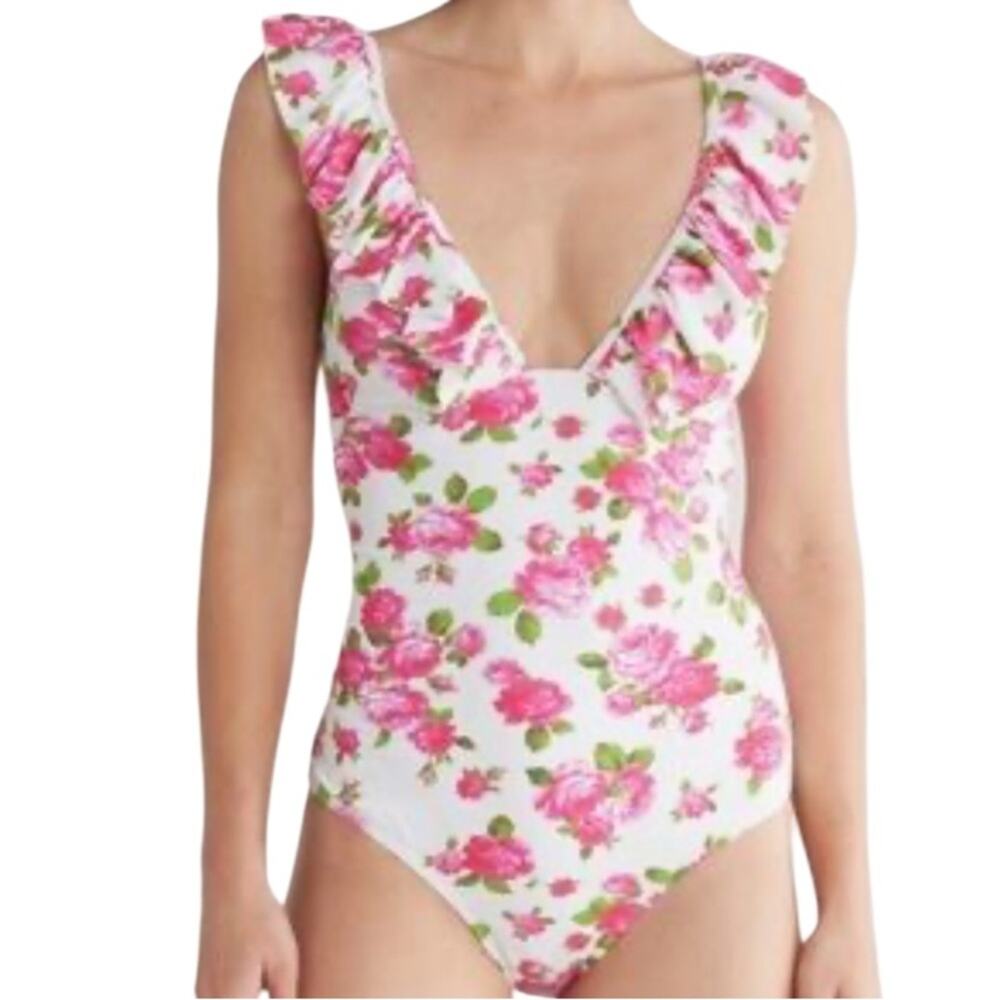 Betsey Johnson One Piece Ruffle Floral Swimsuit Padded Love Always Size XL NWT